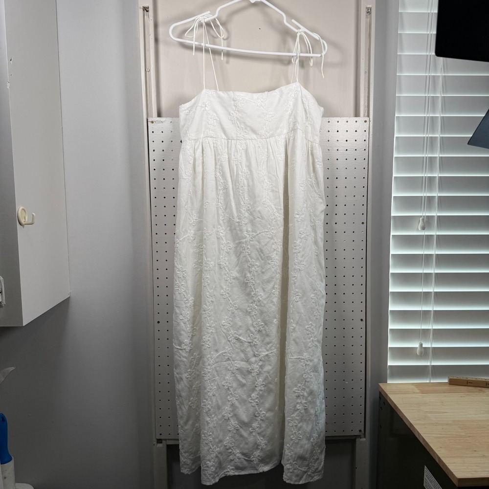 Aureum Cami Dress‎ Womens White Embroidered Tie Shoulder Smocked Back - Large
